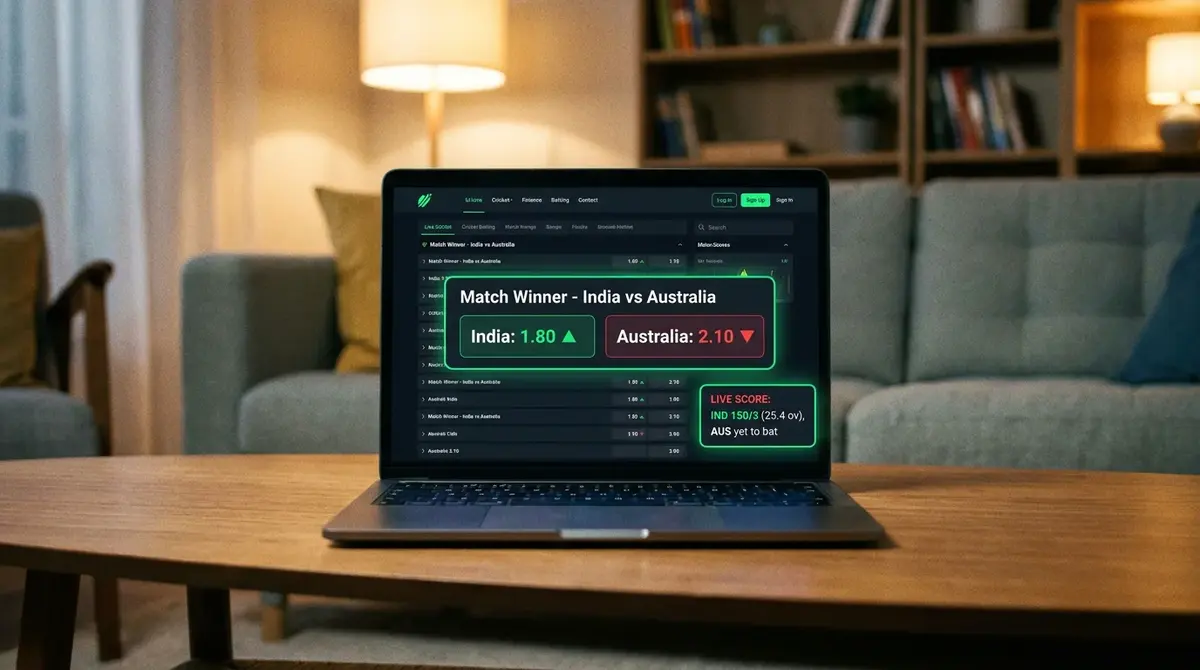 Live cricket betting screen showing rapid odds shifts after a wicket falls during play