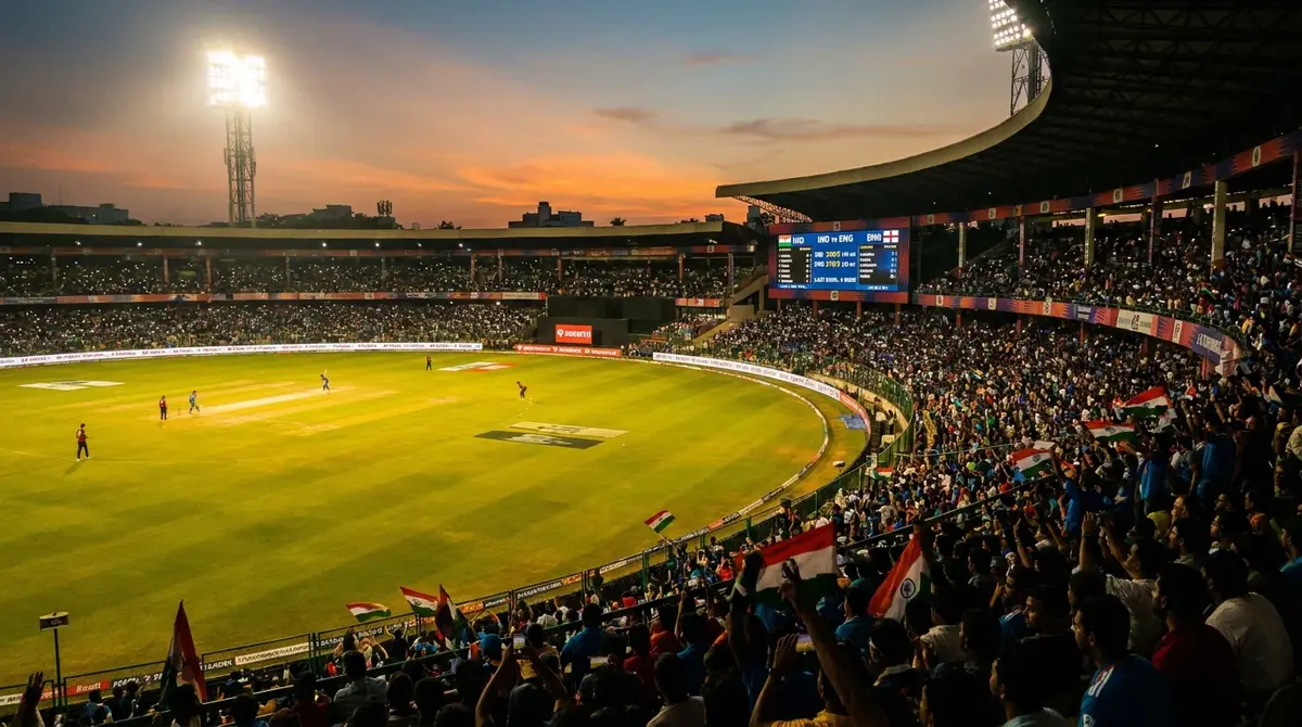 Live cricket match at a packed stadium with real-time betting odds overlaid on screen