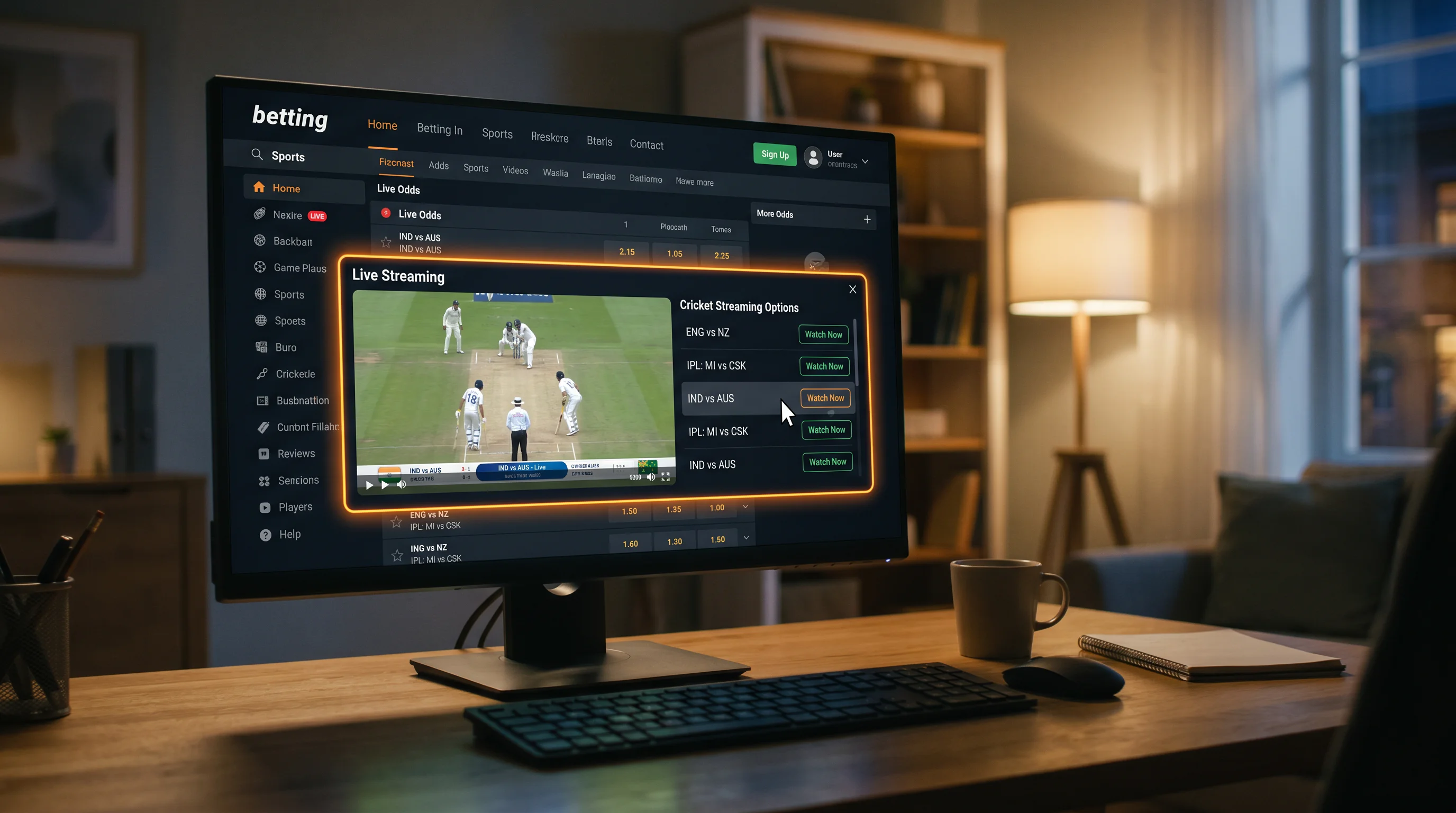 Betting site homepage with a live streaming tab highlighted for cricket coverage