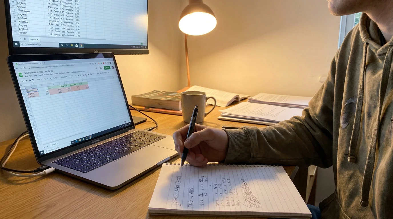 Person calculating implied probabilities from cricket odds on a notepad