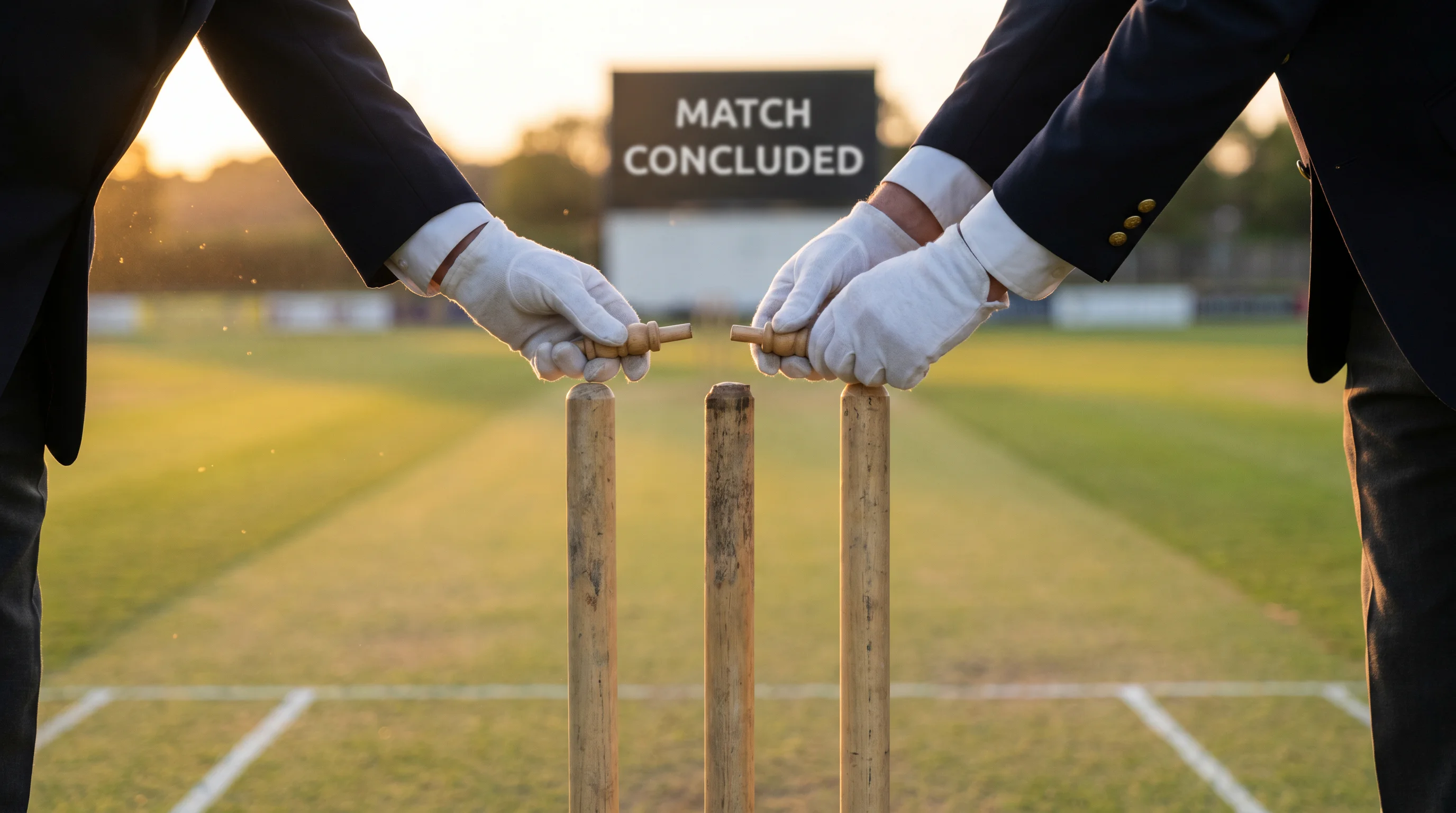 Cricket umpires removing bails at the end of a match representing result settlement