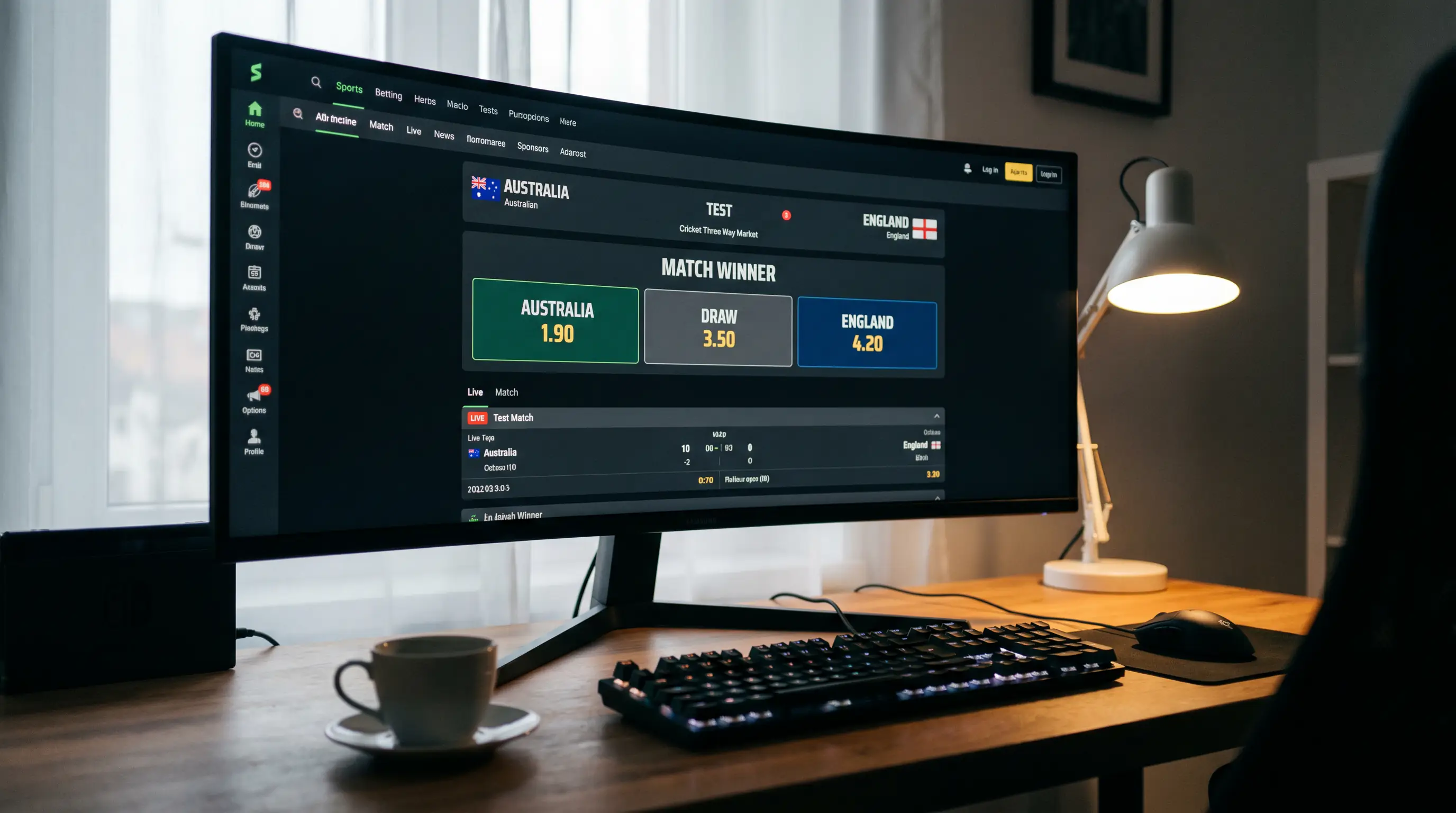 Test match betting market displaying three outcomes including the draw option