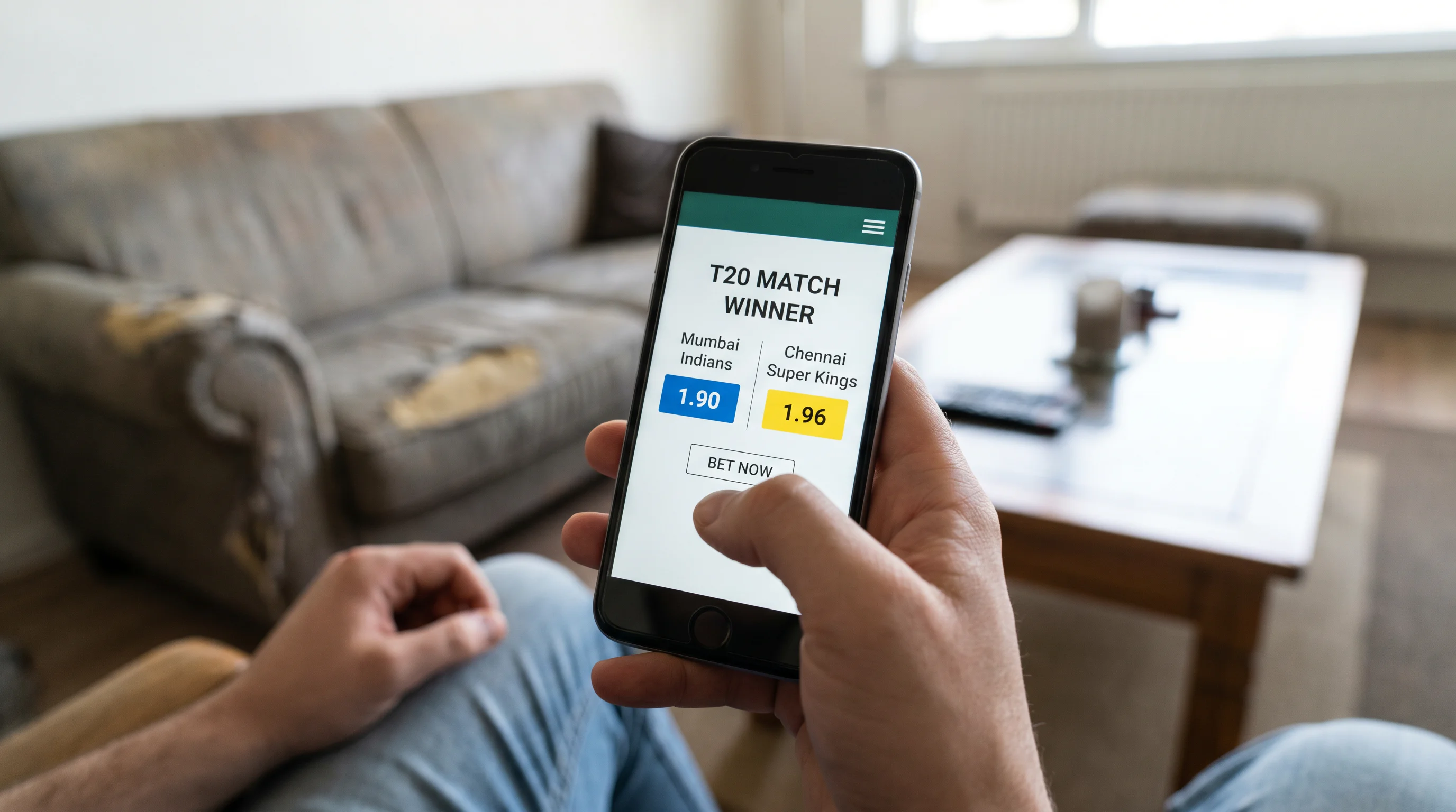 Betting slip showing two-way match winner market for a T20 cricket match