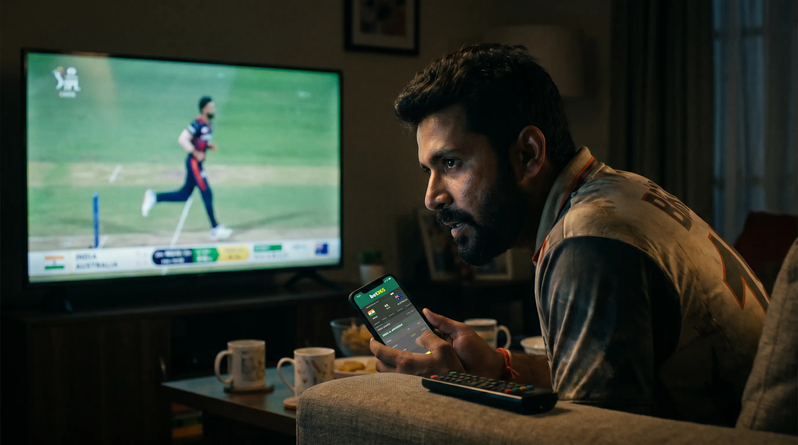 Cricket fan watching intensely during a match while managing ball-by-ball betting pace