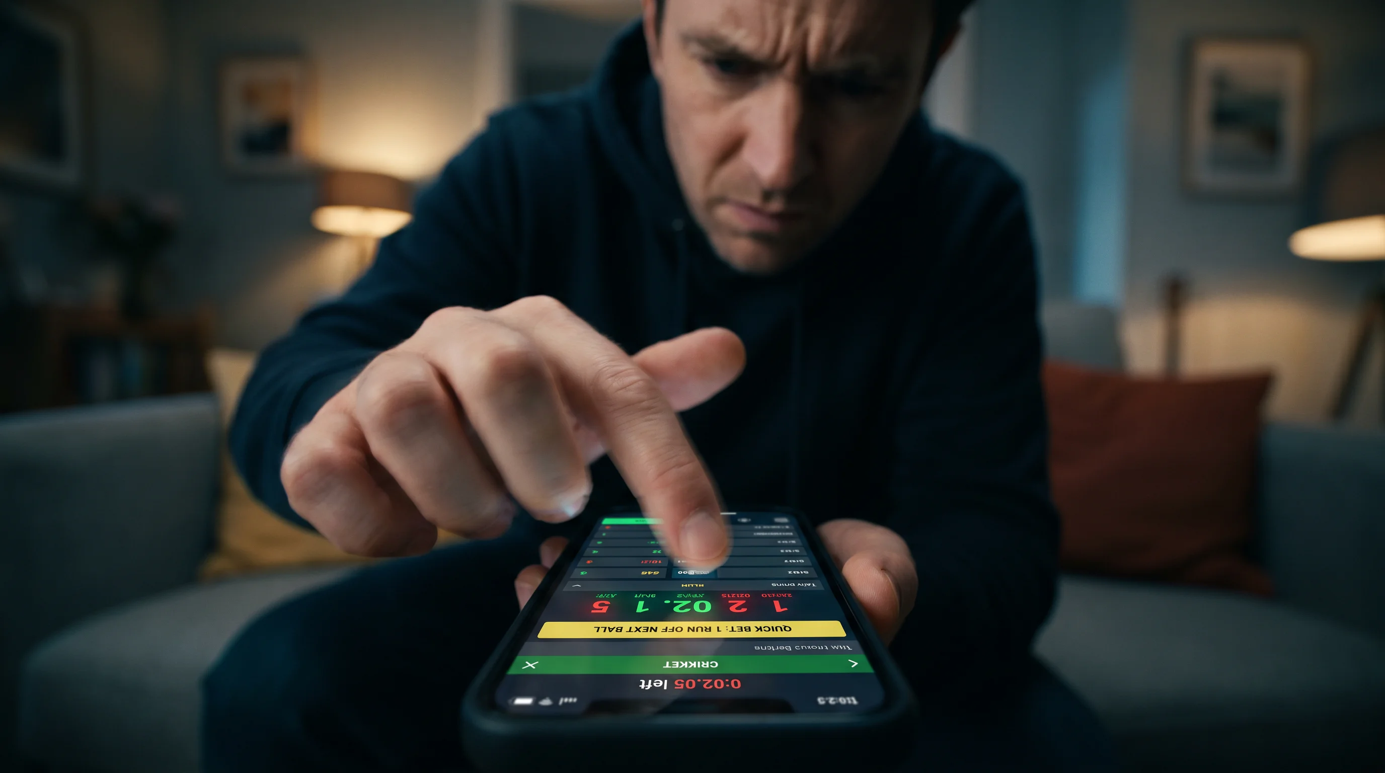 Person quickly tapping a phone to place a ball-by-ball bet during live cricket