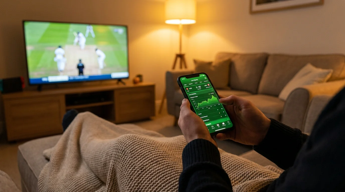 Person holding a smartphone displaying a cricket match screen while sitting on a sofa at home