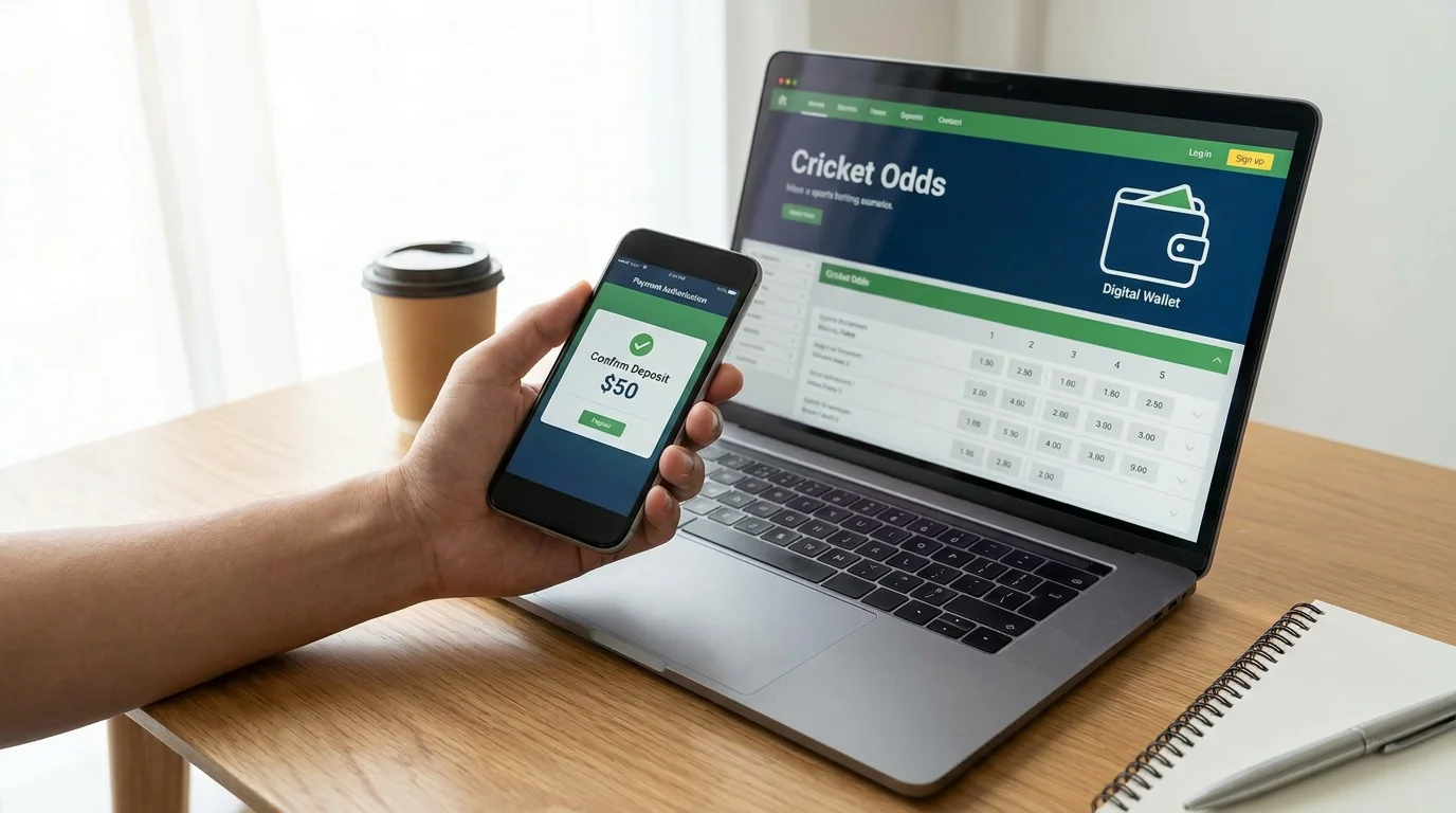 Person using contactless mobile payment to deposit on a cricket betting app