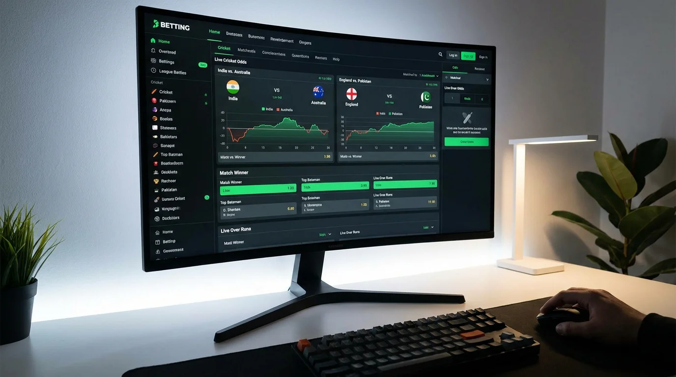 Modern betting platform interface with a clean design showing cricket markets