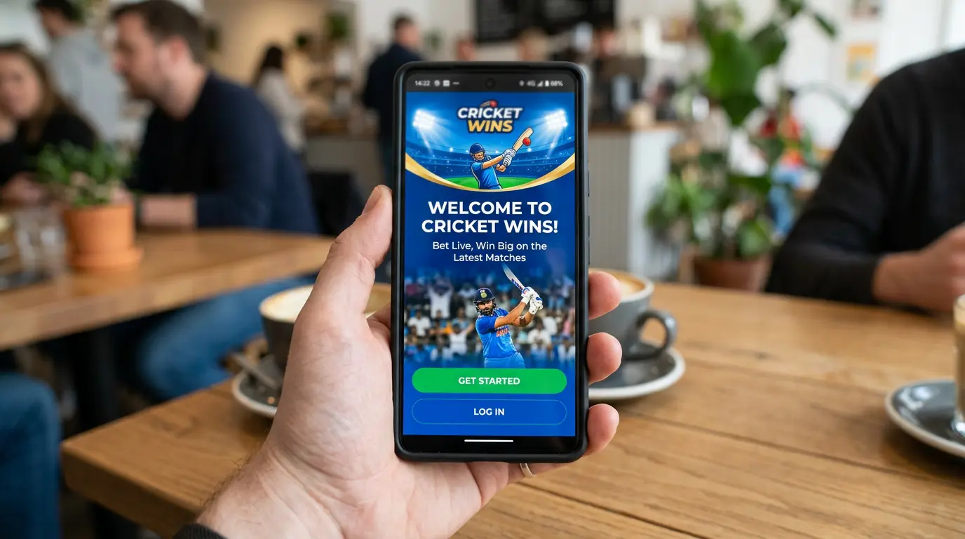 Smartphone displaying a newly launched cricket betting app with welcome screen
