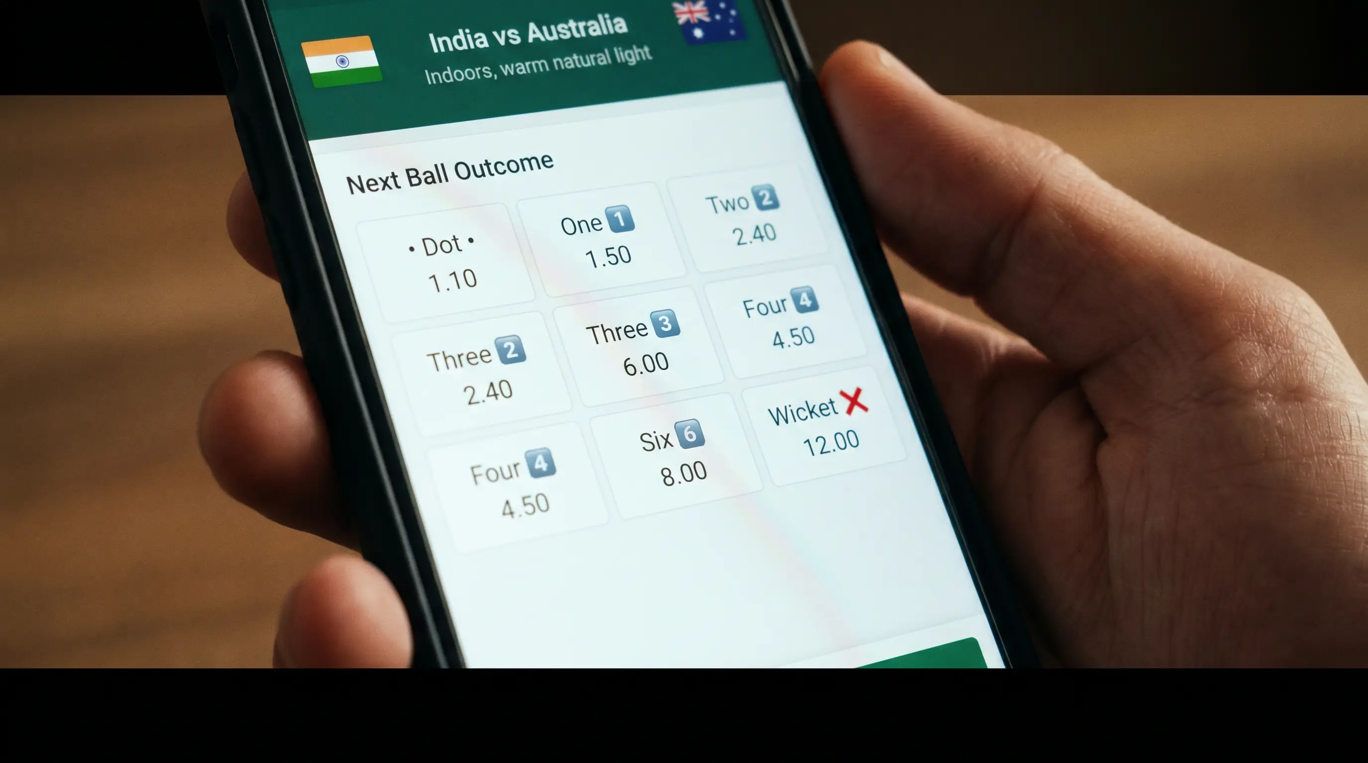 Cricket delivery options displayed on screen showing dot, single, boundary, and wicket