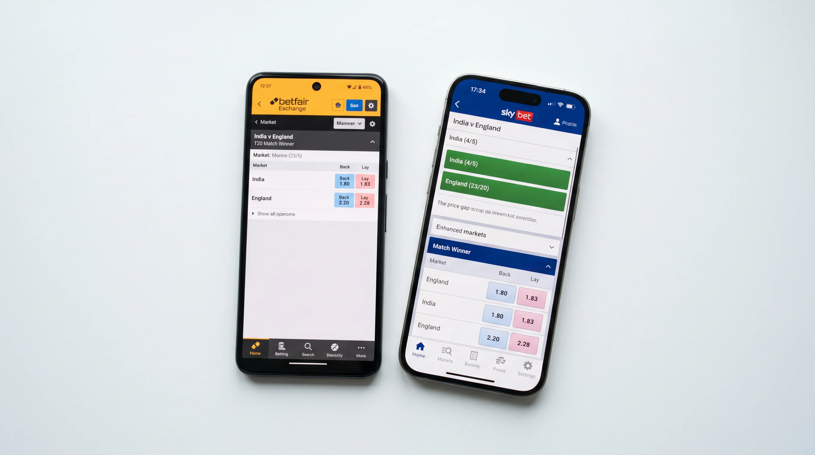 Two betting apps showing different prices for the same cricket match winner market