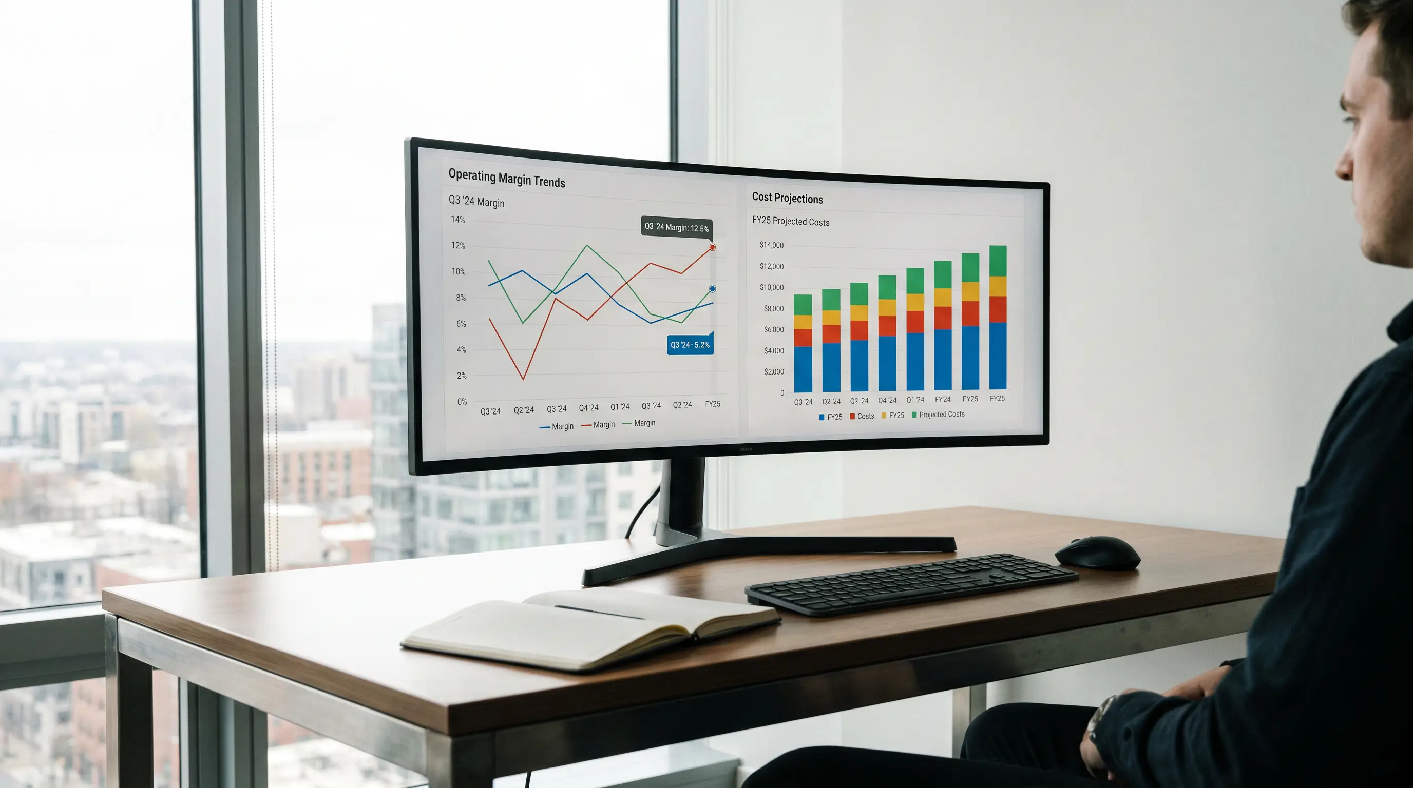Office workspace with charts showing operator cost projections on a screen