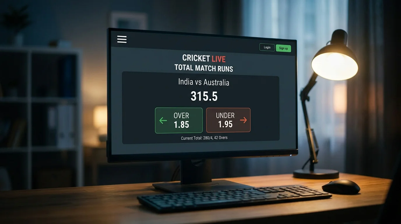 Betting platform showing over/under run total lines for a cricket match