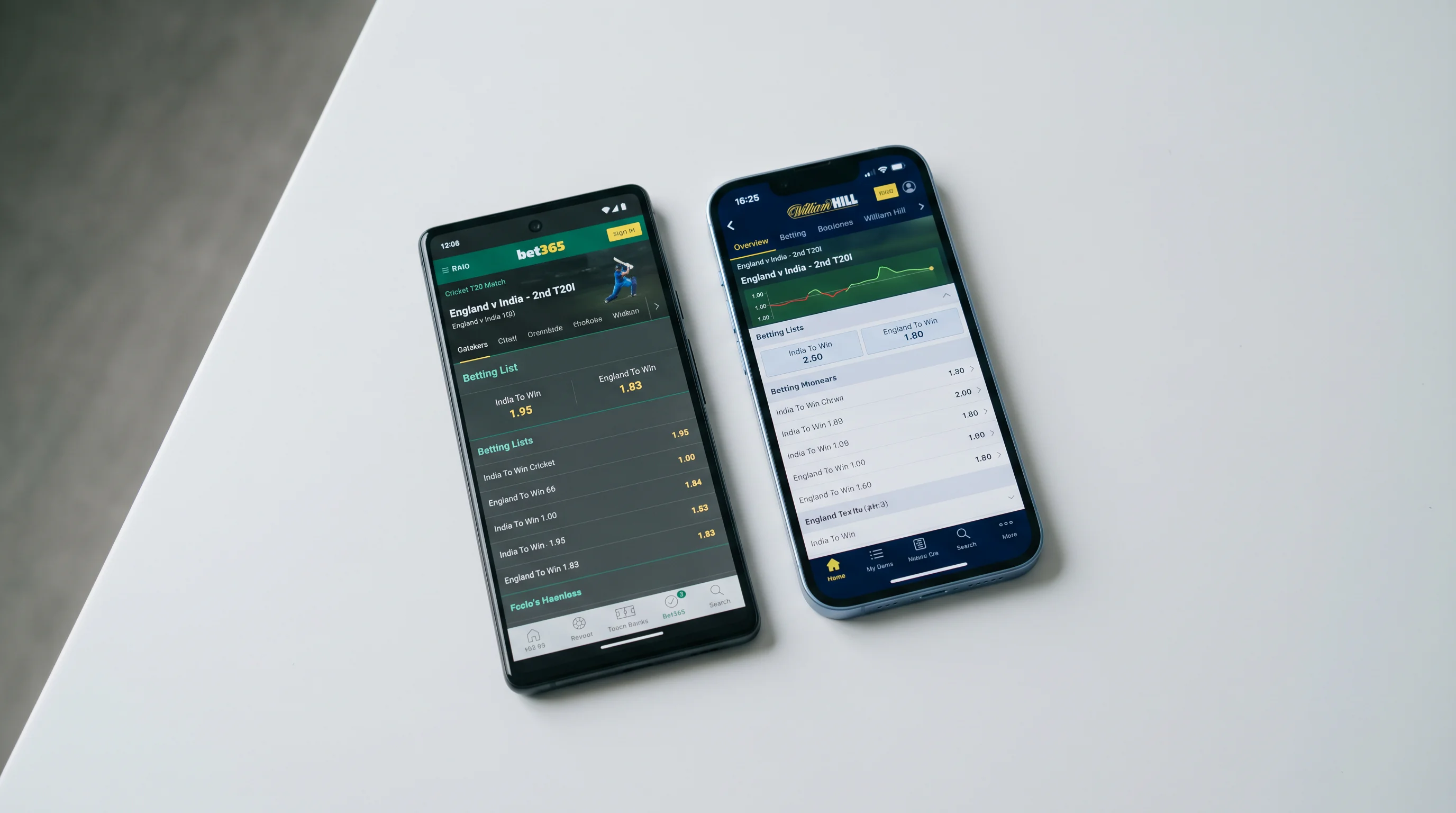 Two bookmaker apps side by side showing different margins on the same cricket match