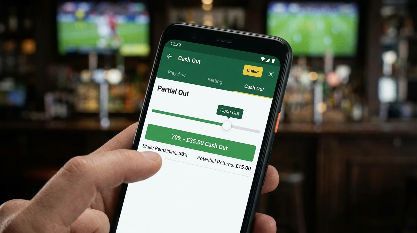 Betting app screen showing partial cash out slider for a cricket wager