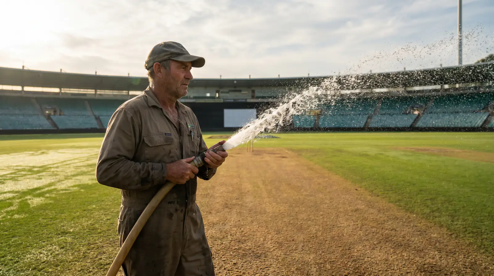 Groundsman watering a cricket pitch with conditions affecting expected run totals