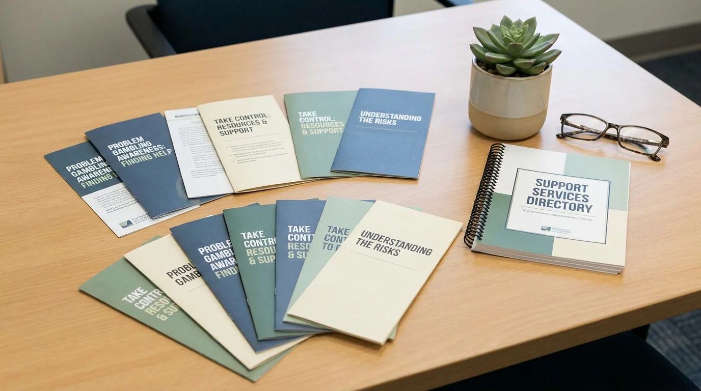Informational leaflet about problem gambling awareness displayed on a desk