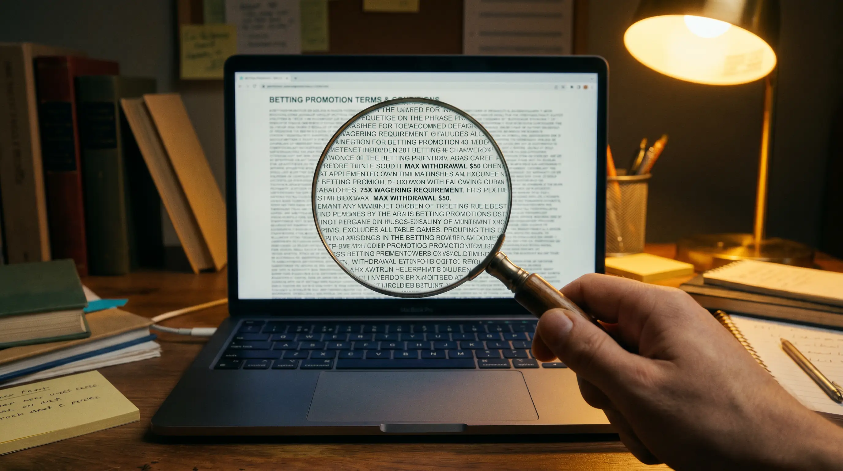Magnifying glass over betting promotion terms highlighting hidden conditions