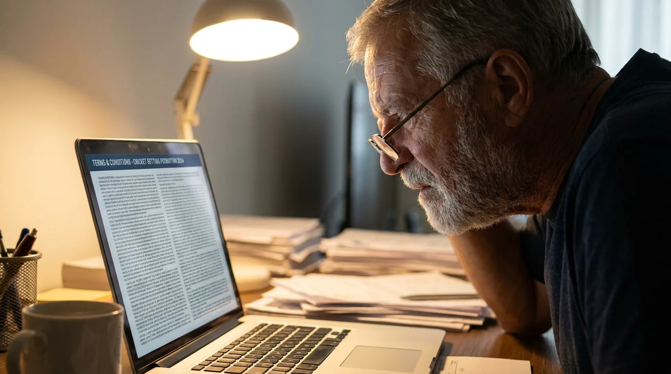 Person reading fine print terms and conditions of a cricket betting promotion