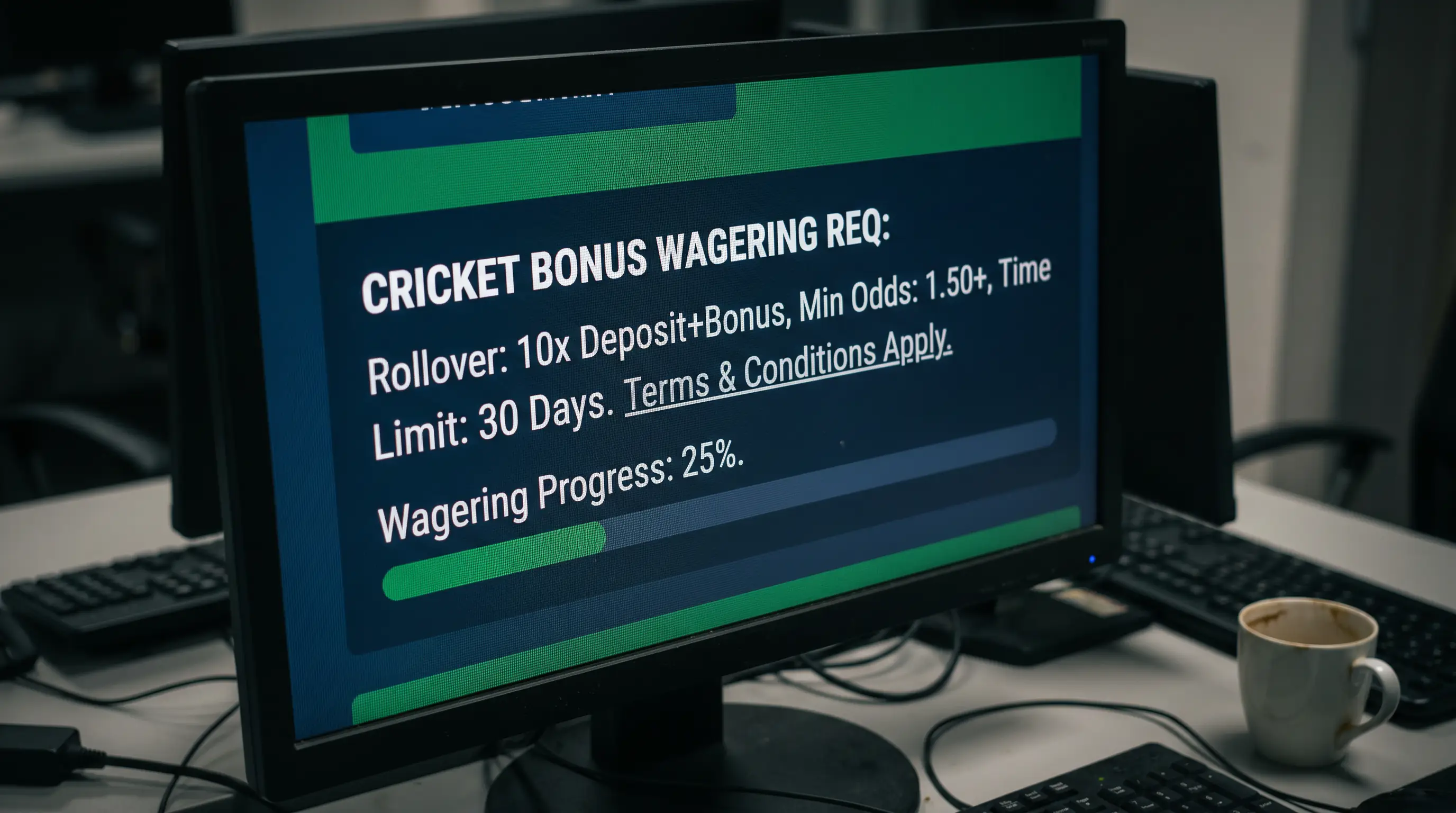Betting site showing wagering requirement details for a cricket promotional offer