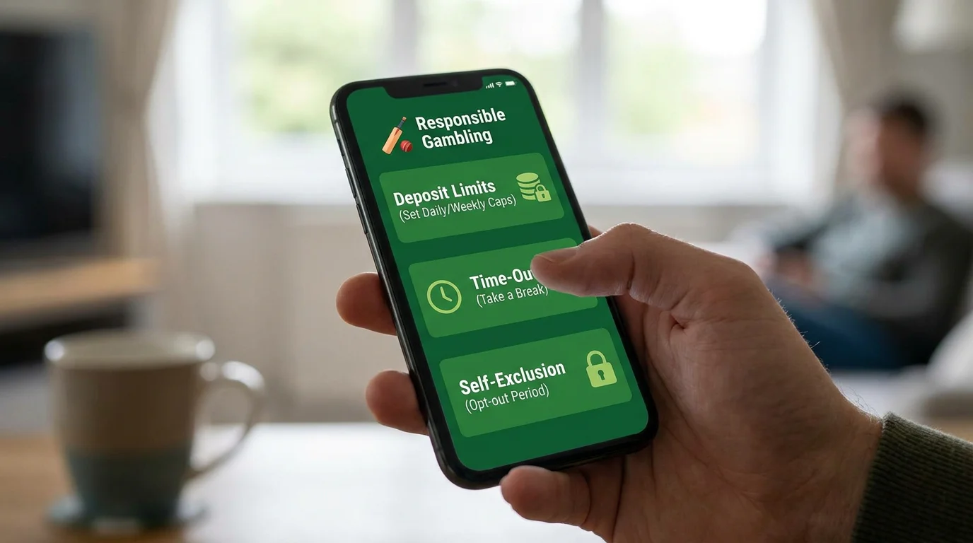 Responsible gambling message displayed on a cricket betting app screen