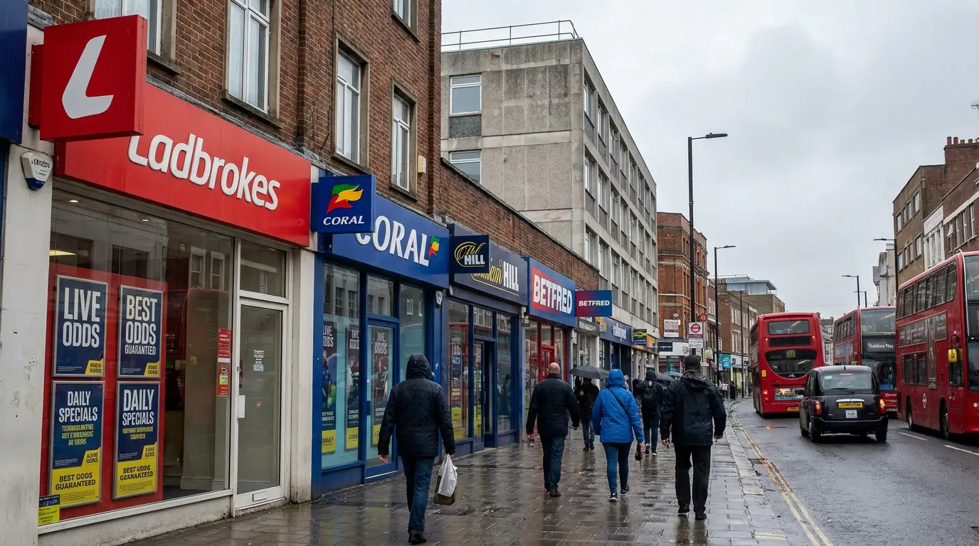 Row of betting shop fronts on a UK high street representing market competition