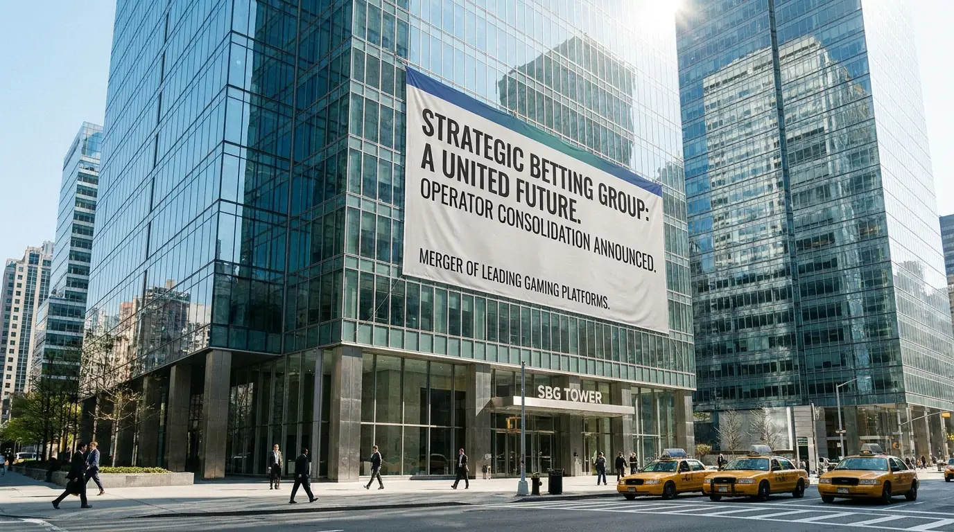 Office building with merger announcement banner representing operator consolidation