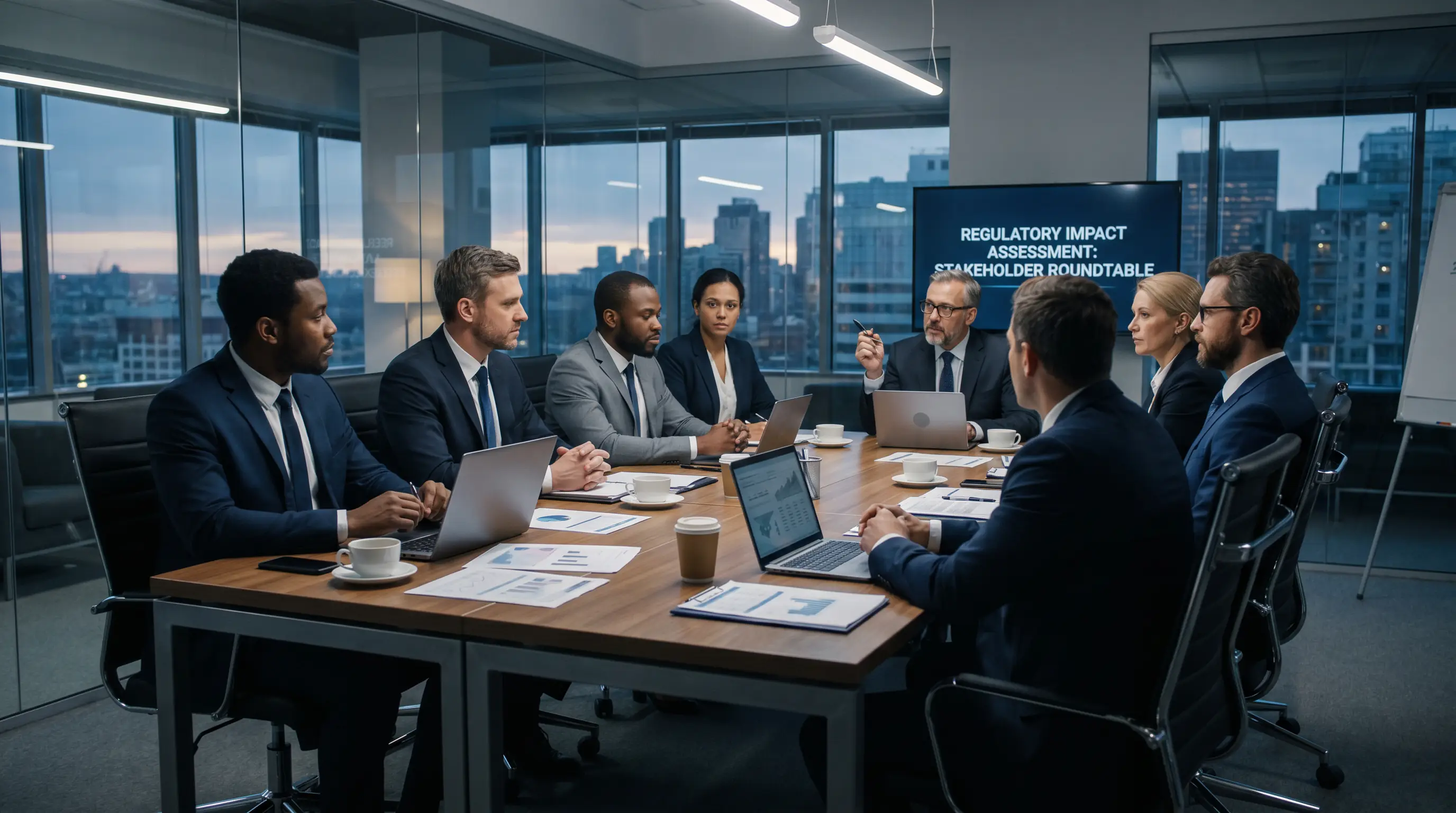 Business professionals discussing tax reform impact in a corporate meeting room