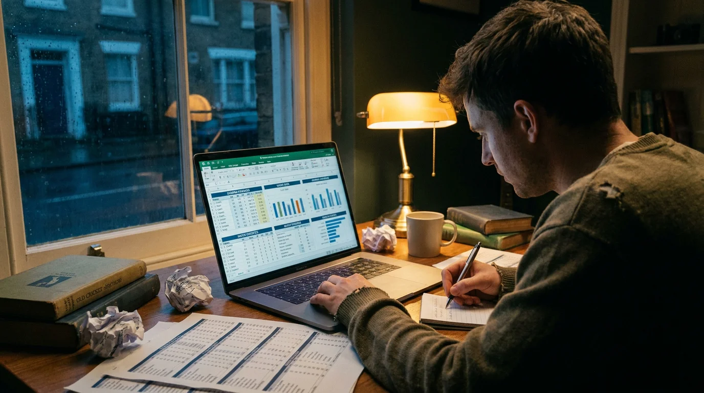 Person analysing cricket scoring data on a screen to assess run total lines