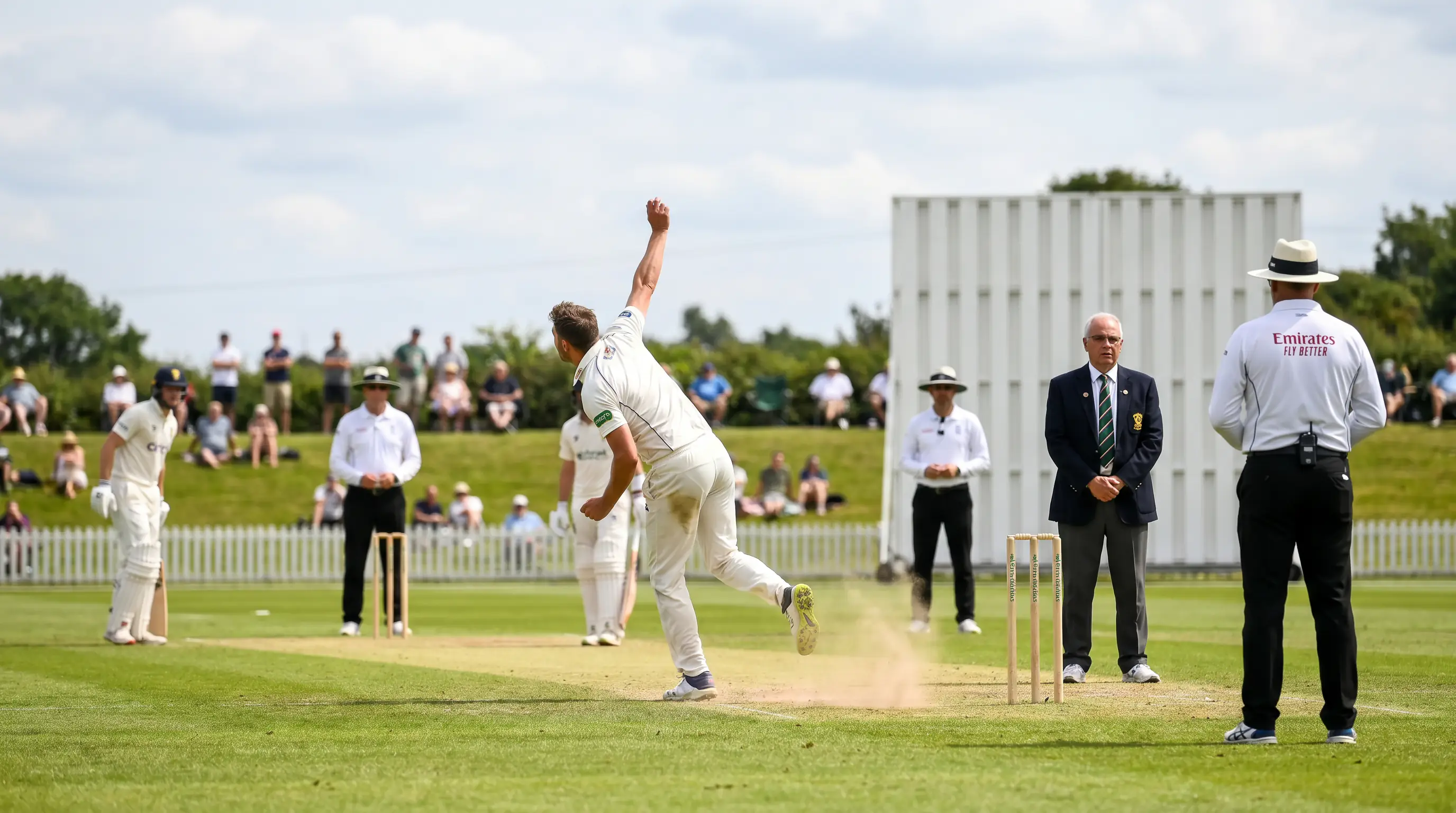 Cricket bowler in action with match officials watching from the boundary