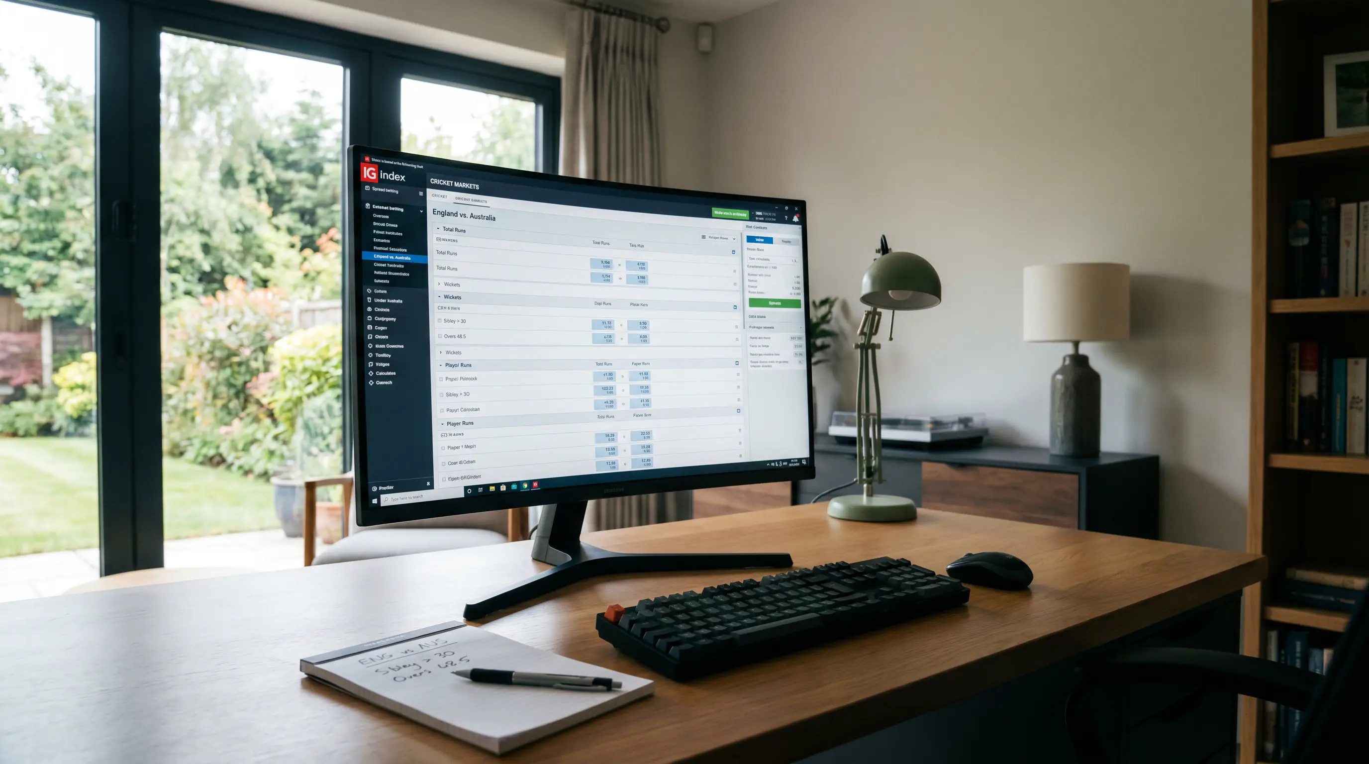 Desktop computer showing a UK spread betting platform with cricket markets listed