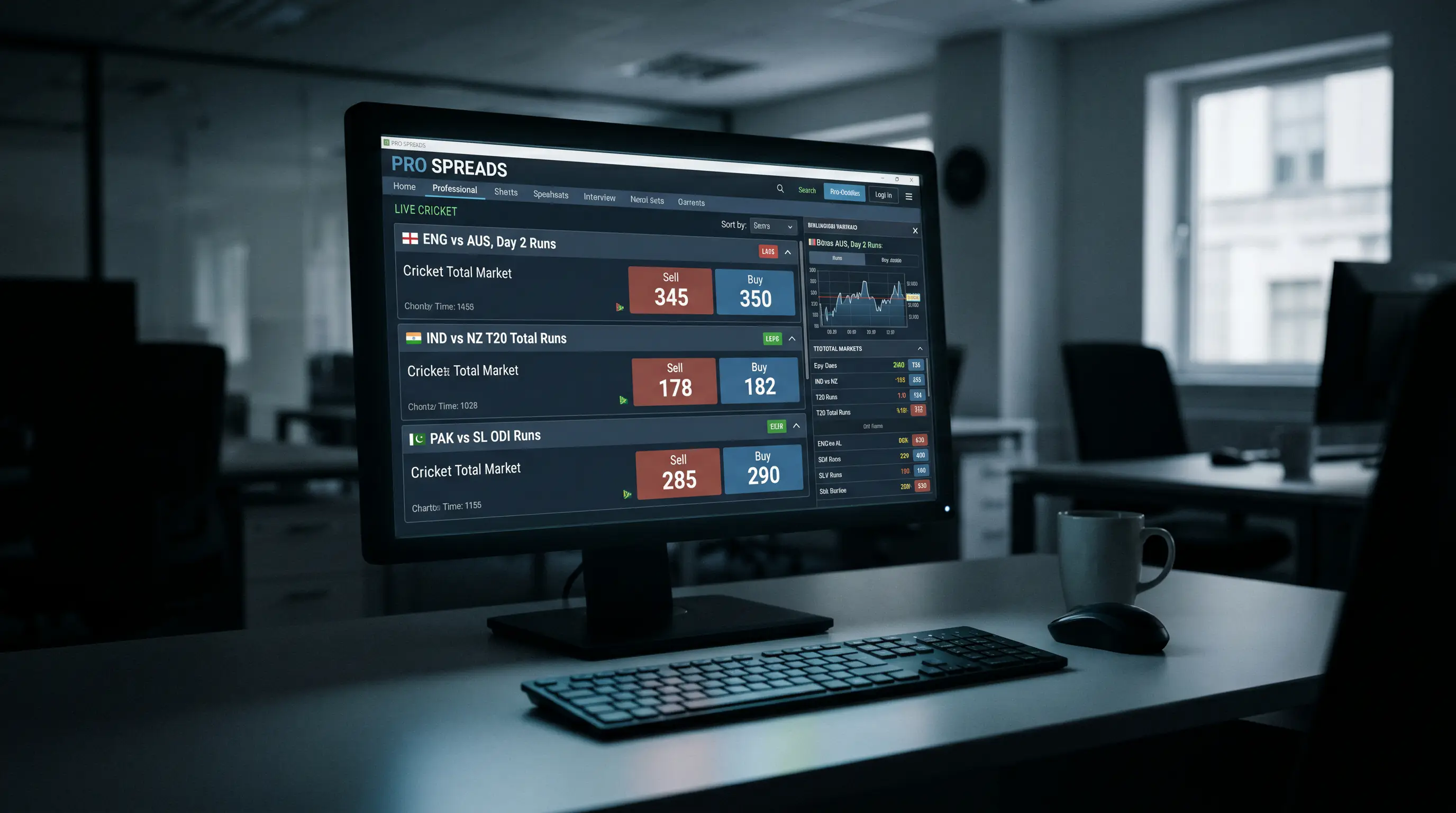 Spread betting platform showing buy and sell prices for a cricket run total market