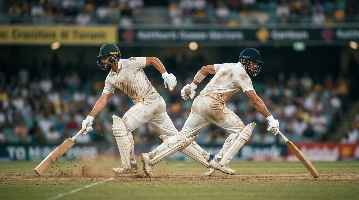 Cricket batsmen running between wickets during a high-scoring innings