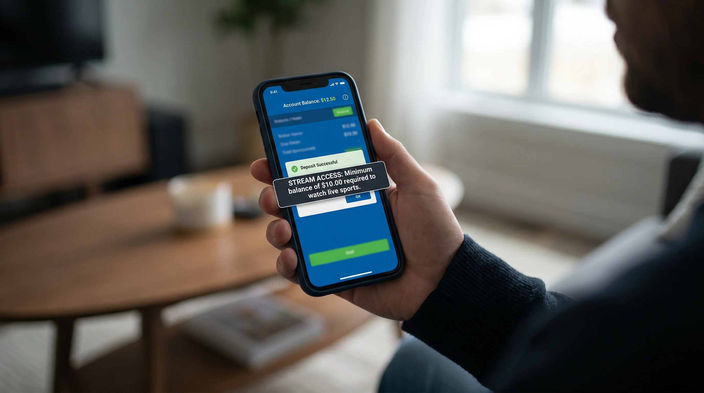 Account balance screen on a betting app showing minimum balance for stream access