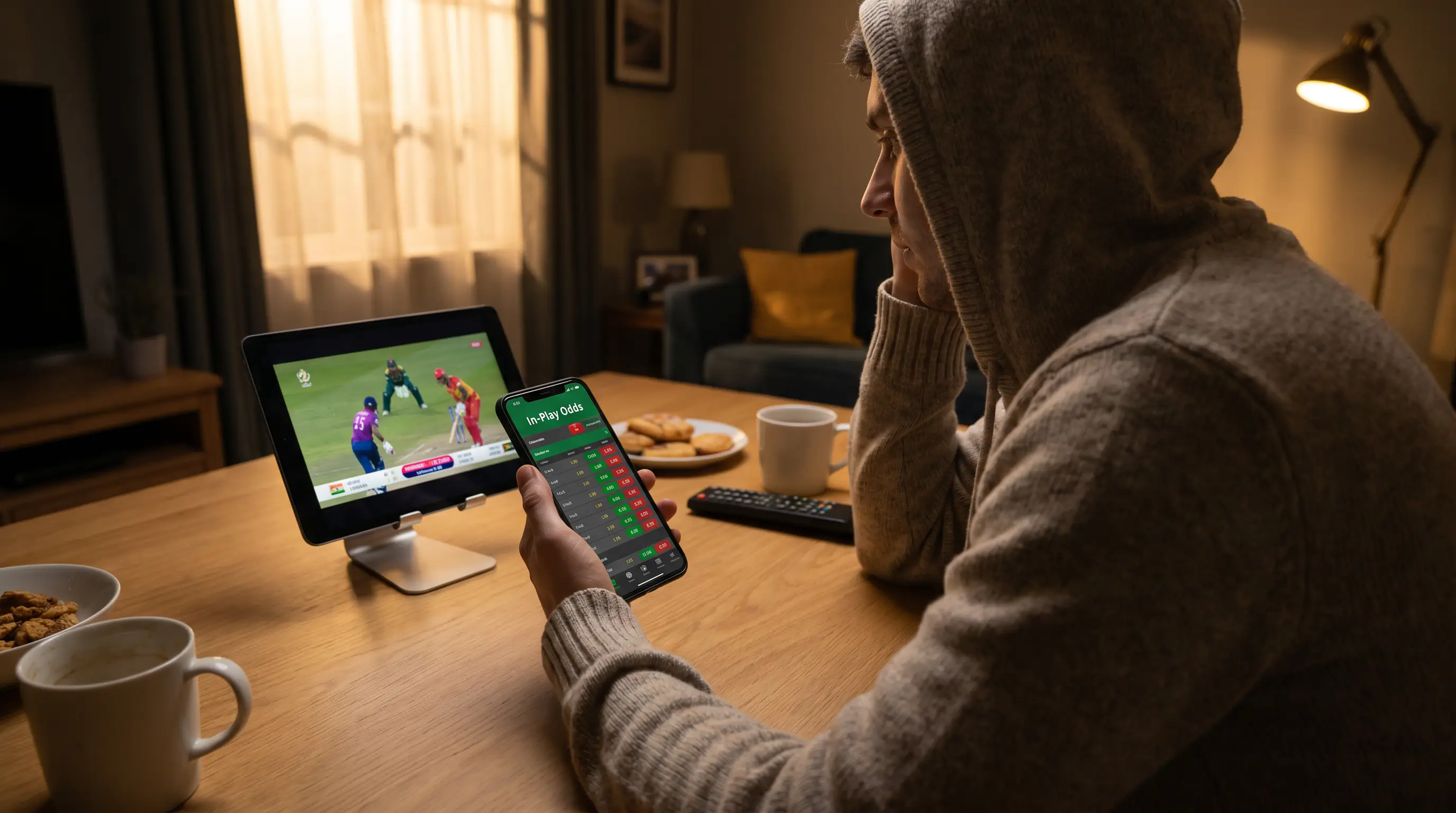 Person watching a live cricket stream on a tablet while placing an in-play bet on phone