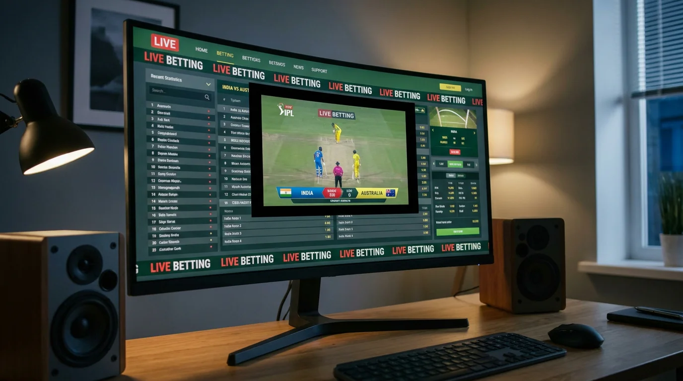 Desktop screen showing a live cricket match stream embedded in a betting platform