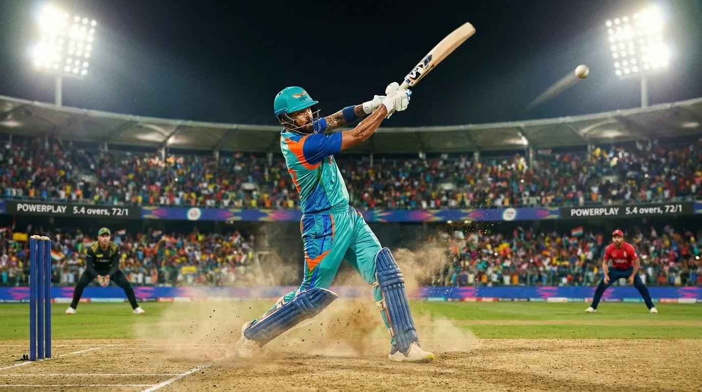 T20 cricket batsman hitting a big shot during the powerplay with fielding restrictions visible