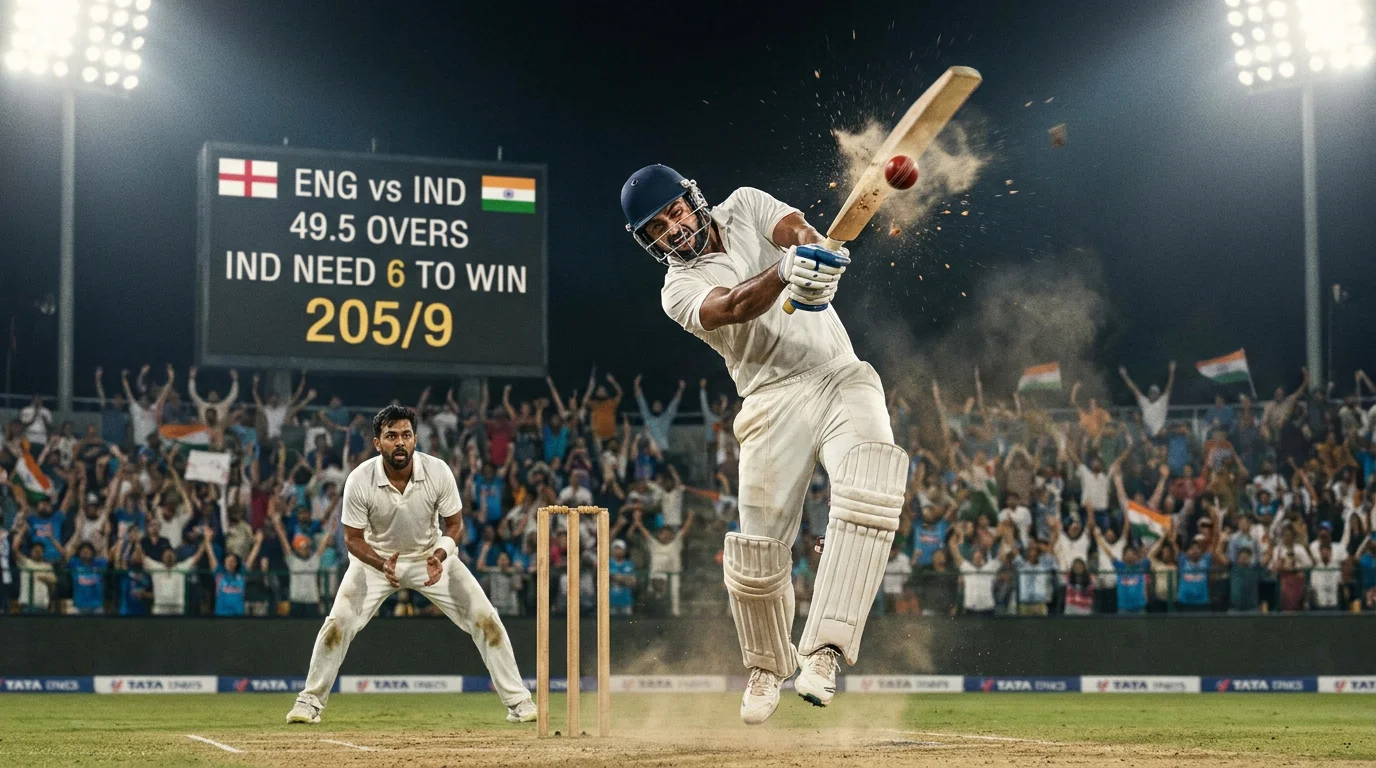 Cricket match in the death overs with batsman attempting a big hit to finish the chase