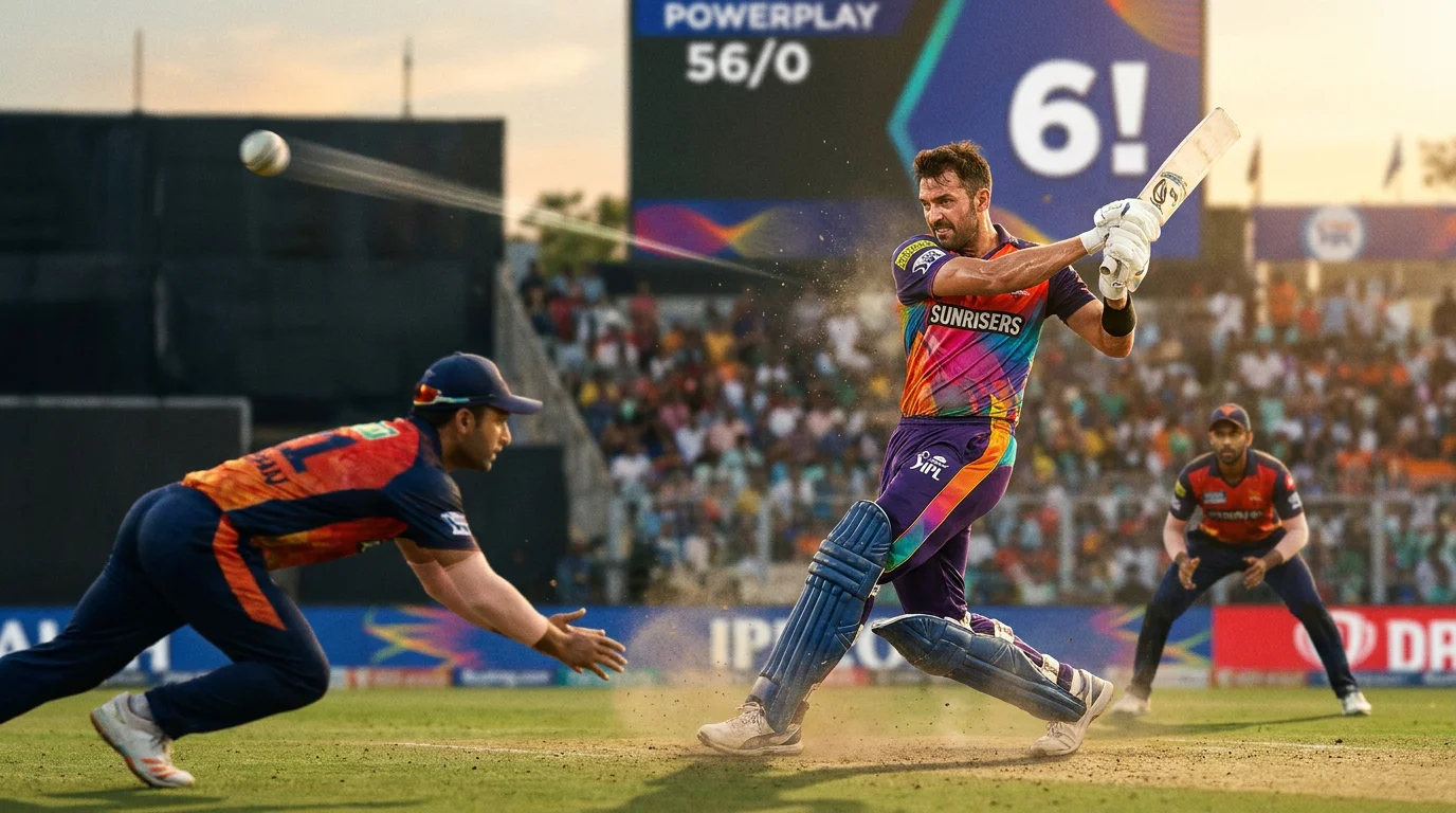 Opening batsman playing an aggressive pull shot during T20 powerplay phase