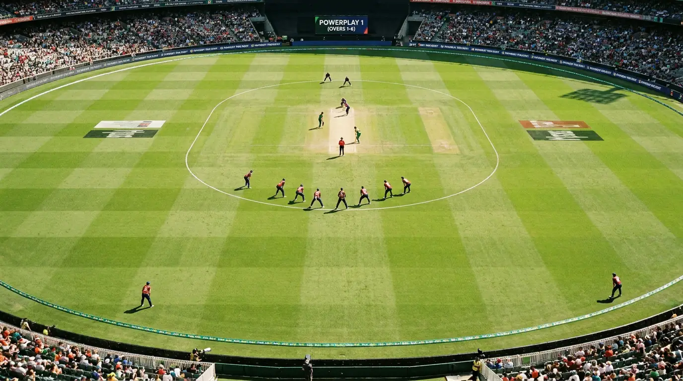 Cricket field during powerplay overs with only two fielders outside the inner ring