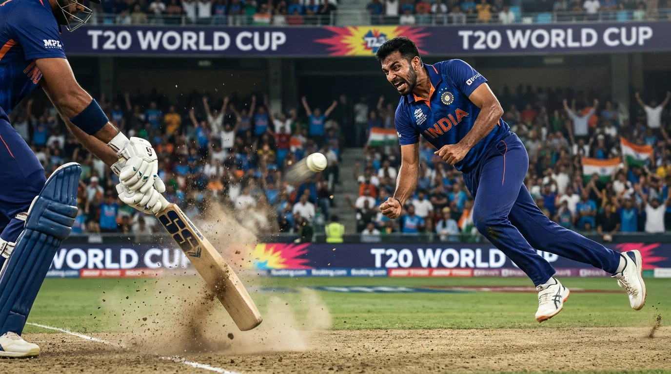 Fast bowler delivering a yorker during a high-pressure T20 World Cup knockout match