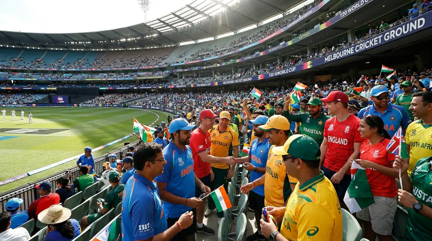 Cricket fans from different nations mingling in the stands during a group stage match