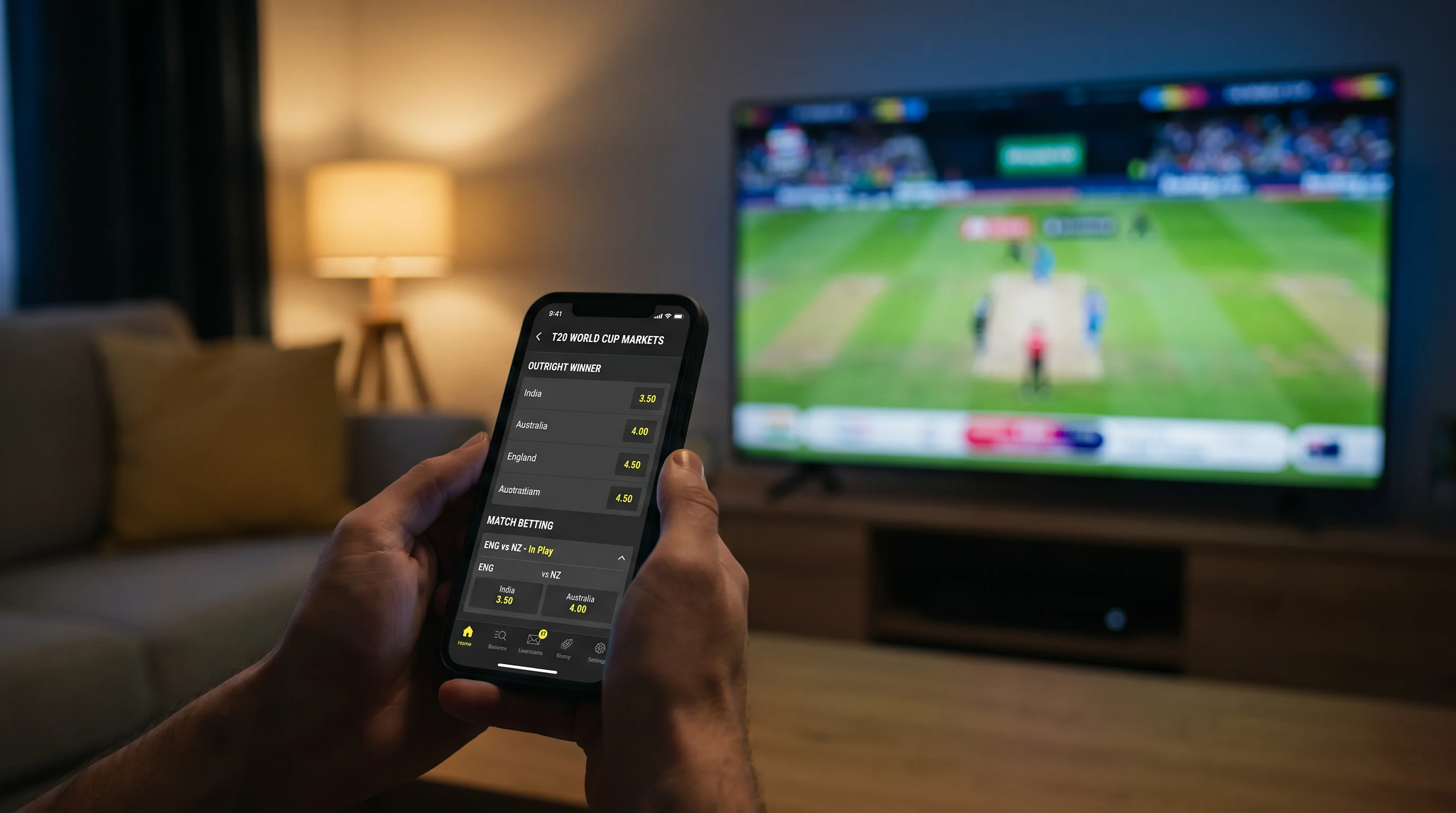 Person holding a phone with cricket betting app open showing T20 World Cup markets