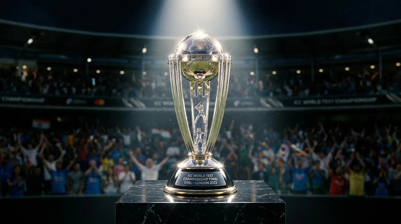 Cricket trophy displayed on a pedestal at an international T20 tournament venue