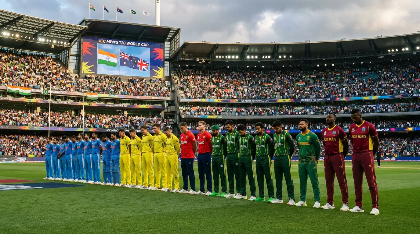 International cricket players lined up for national anthems before a T20 World Cup match