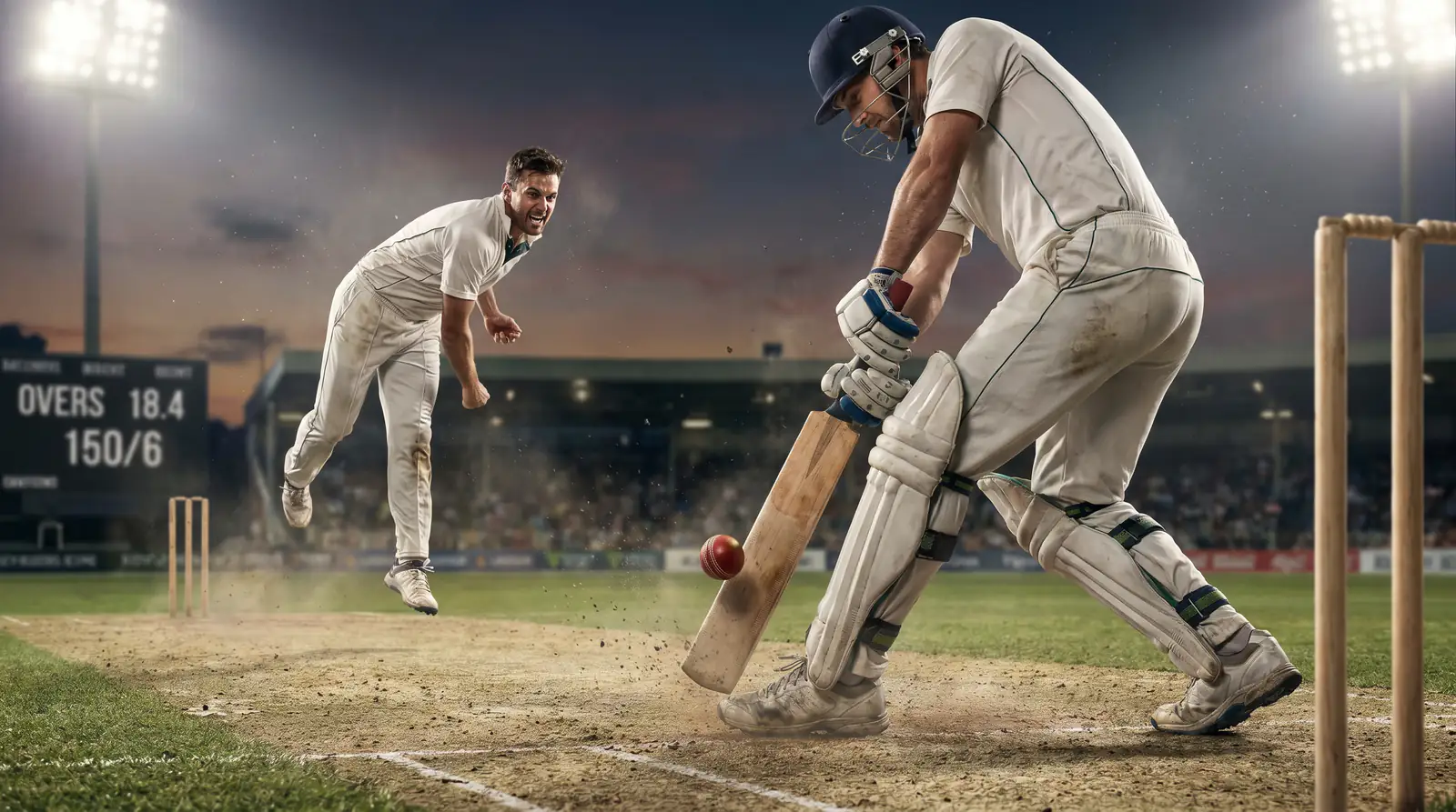 Fast bowler delivering a death-overs yorker with the batsman struggling to connect
