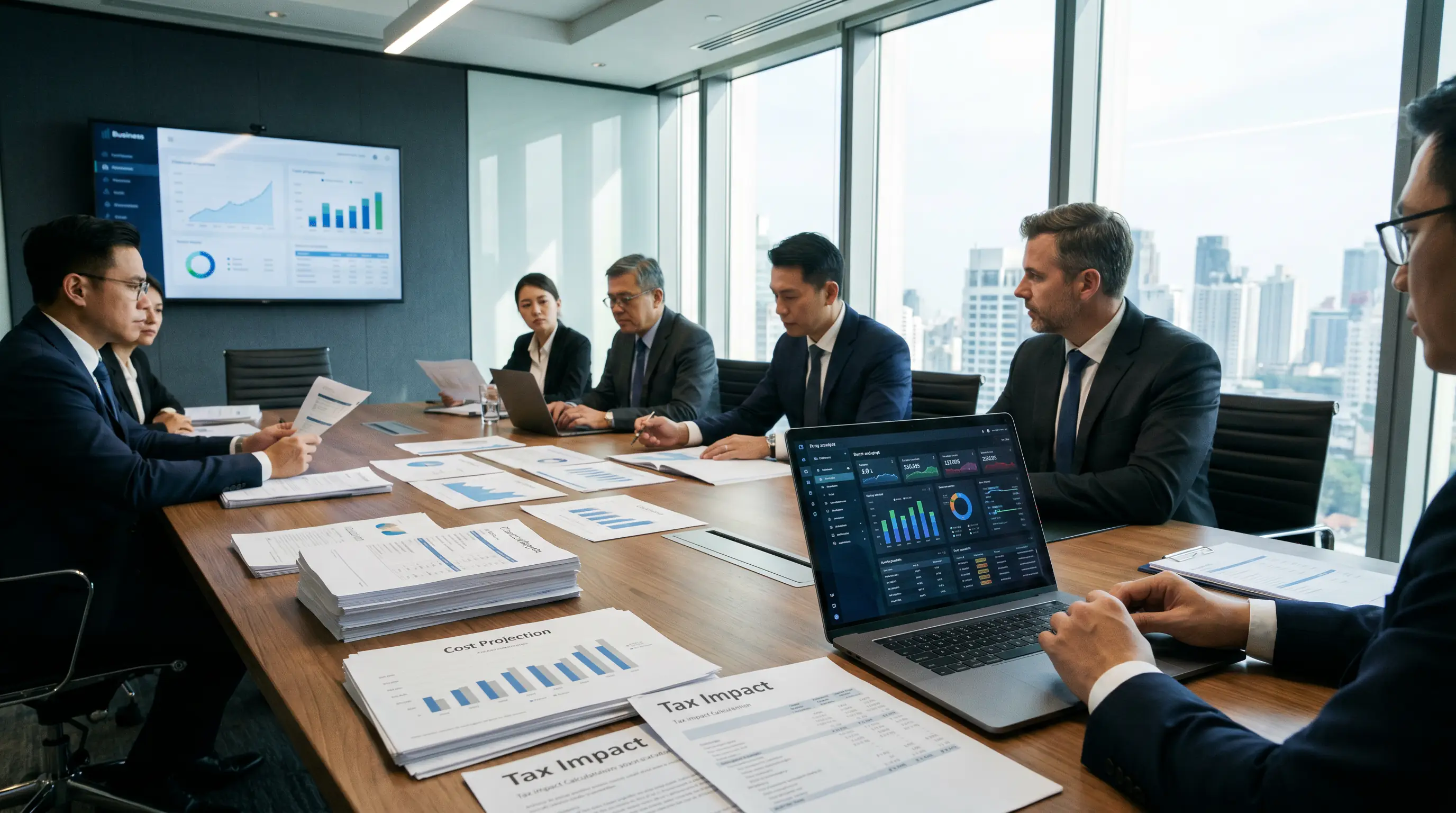 Business meeting room with financial documents showing tax impact analysis