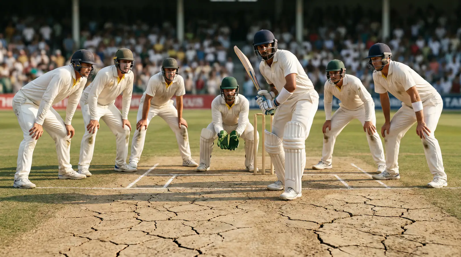 Fielders crowding around the bat on day five of a tense Test match finish