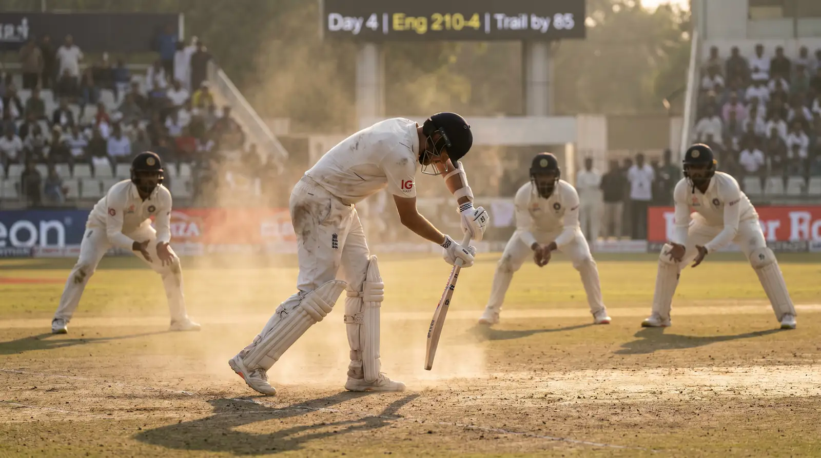 Batsman playing a defensive shot on day four of a Test match with the draw in play