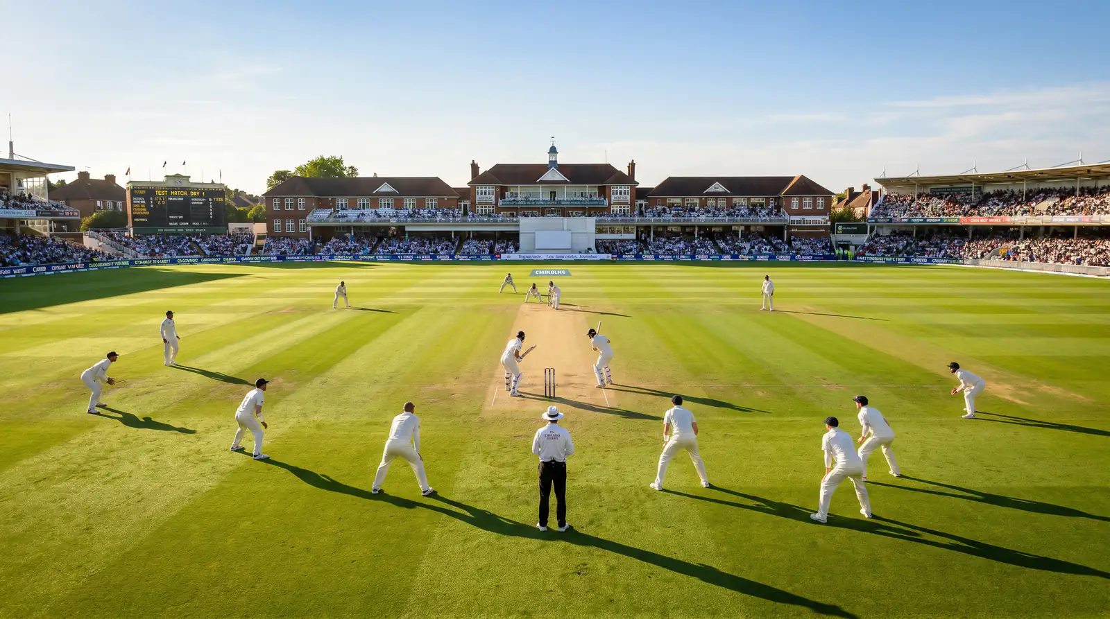 Test cricket match on day one with players in whites on a green pitch under clear skies